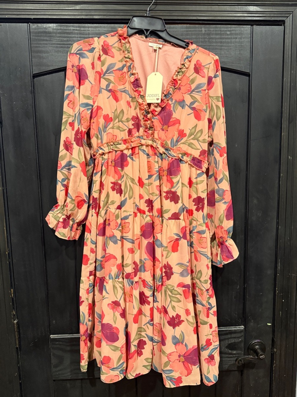 JODIFL Peach-Pink Floral Tiered V-Neck Dress